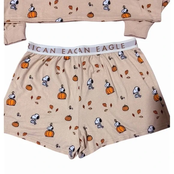 American Eagle Peanuts Fall Pumpkin Snoopy Plush Pajama Set Women's Size Large - Picture 8 of 16